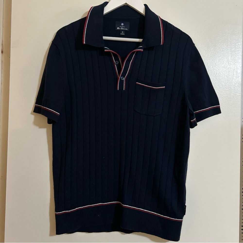 Ben Sherman Polo Shirt Mens Med Navy Blue Red Retro Textured Knit Ribbed Sweater